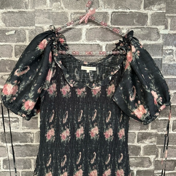 LOVESHACKFANCY puff sleeve smocked floral mini dress black pink floral - Picture 3 of 13